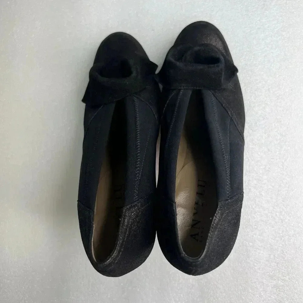 ANYI LU Hand Made‎ Italy Heels Black Fabric Metallic Leather Bow Detail Formal 9 - Picture 8 of 16